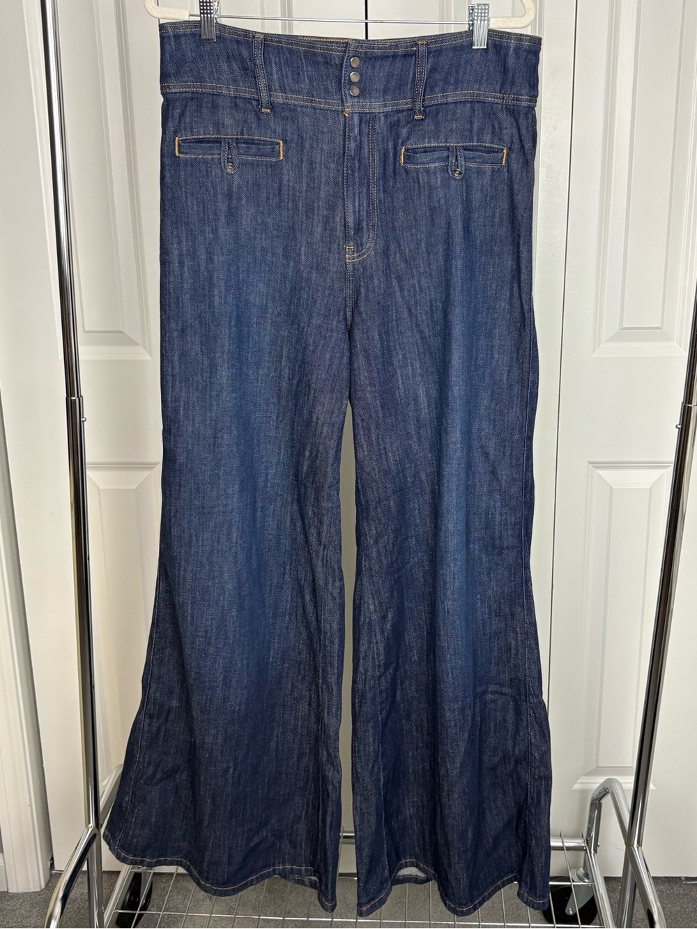 Anthropologie Pilcro, dark wash high-rise wide leg jeans.
